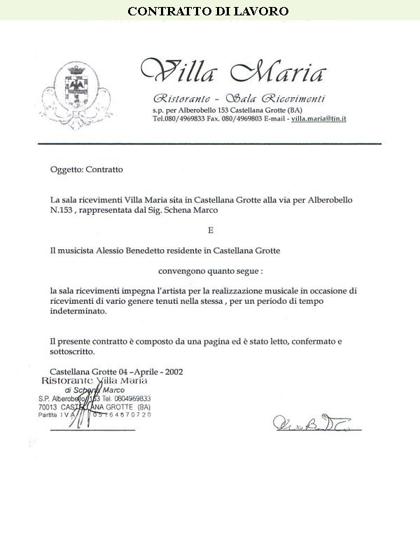 CONTRATTO DI LAVORO CON LA SALA RICEVIMENTI VILLA MARIA A CASTELLANA GROTTE